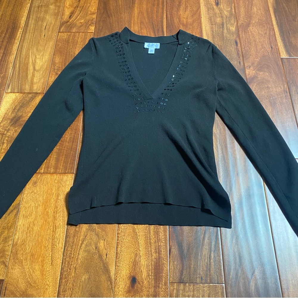 Loft V-Neck Black Sweater with Sequins Long Sleeves Size XSmall HOLIDAY PARTY